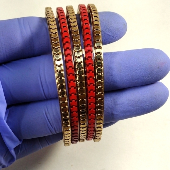 Women's Stunning Set of 5 Dainty Gold-tone & Red Colors Bangle Bracelets - Picture 6 of 8
